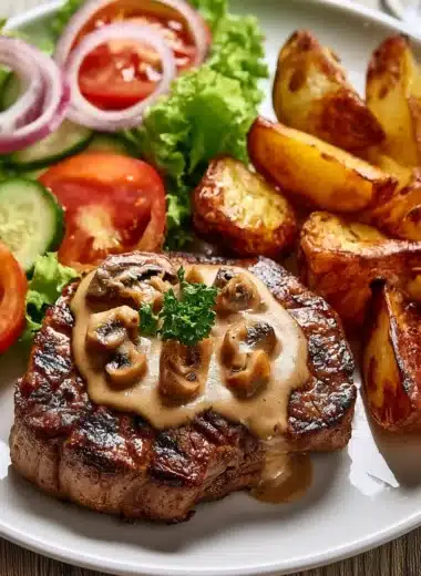 Creamy mushroom steak dish accompanied by golden potato wedges and salad