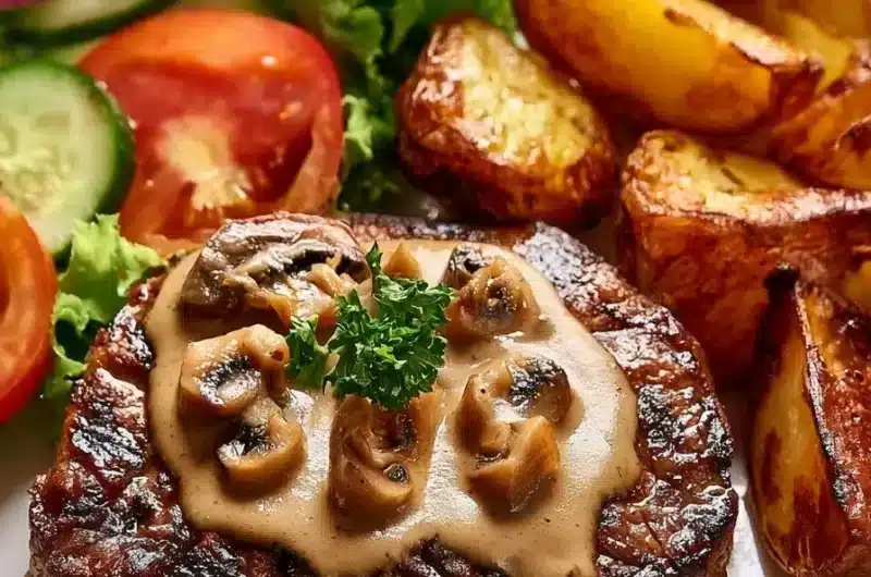 Creamy mushroom steak dish accompanied by golden potato wedges and salad