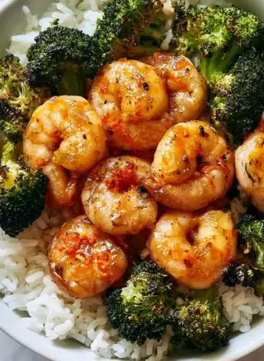 Garlic Butter Shrimp with Broccoli and Rice Bowl served in a bowl