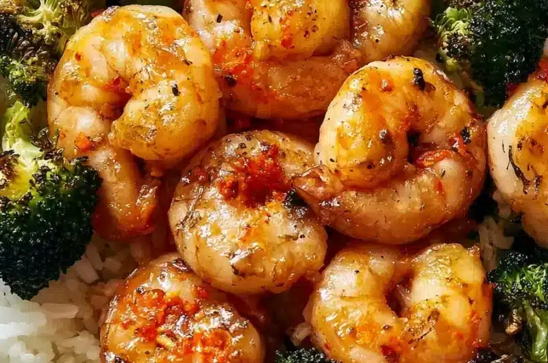 Garlic Butter Shrimp with Broccoli and Rice Bowl served in a bowl
