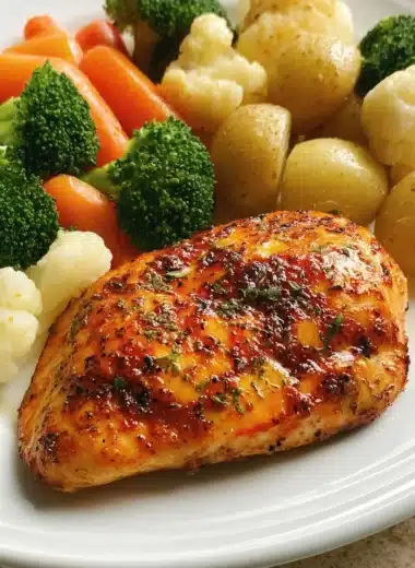 Garlic Herb Chicken Breast served with baby potatoes and steamed vegetables