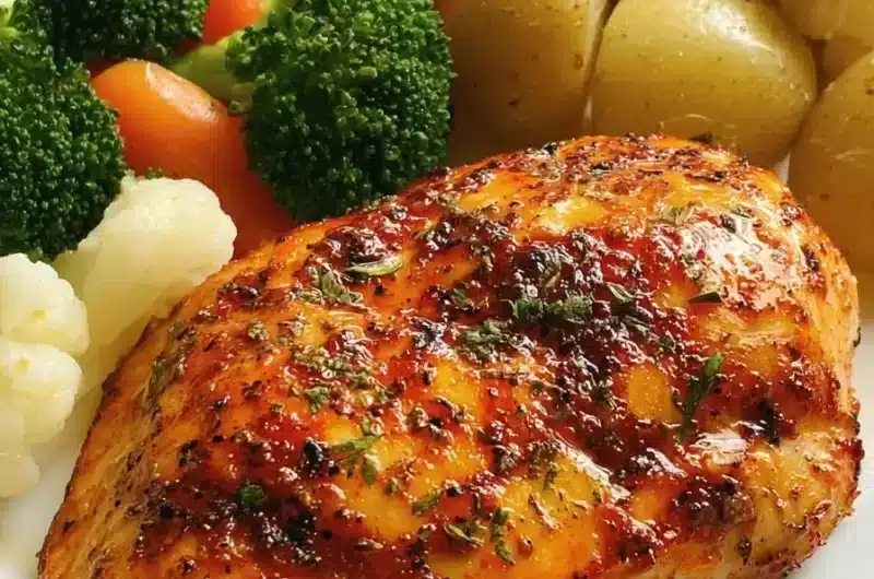 Garlic Herb Chicken Breast served with baby potatoes and steamed vegetables