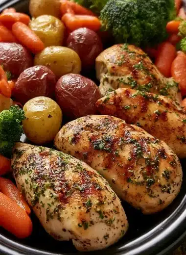 Garlic Herb Chicken Breast with roasted potatoes, honey glazed carrots, and broccoli