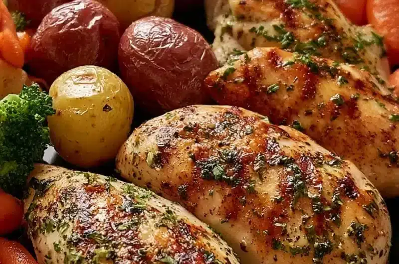 Garlic Herb Chicken Breast with roasted potatoes, honey glazed carrots, and broccoli