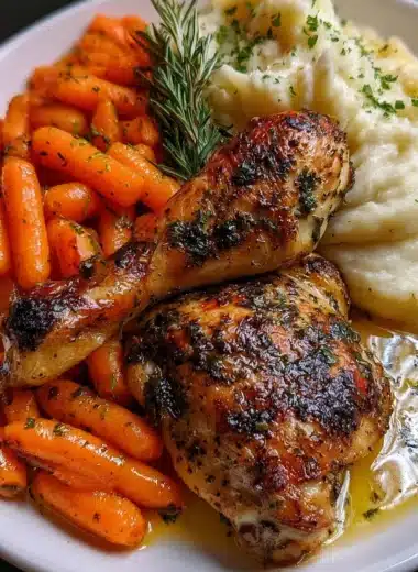 Herb butter roasted chicken drumsticks with creamy mashed potatoes and glazed carrots