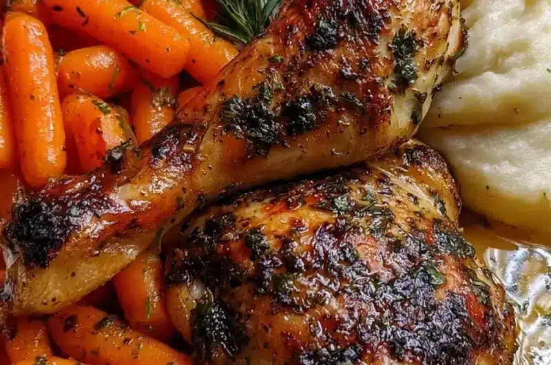 Herb butter roasted chicken drumsticks with creamy mashed potatoes and glazed carrots