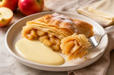 Delicious Apfelstrudel served with creamy Vanillesauce on a plate.