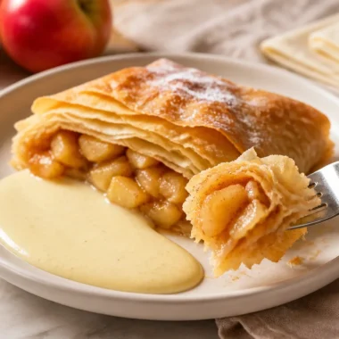 Delicious Apfelstrudel served with creamy Vanillesauce on a plate.
