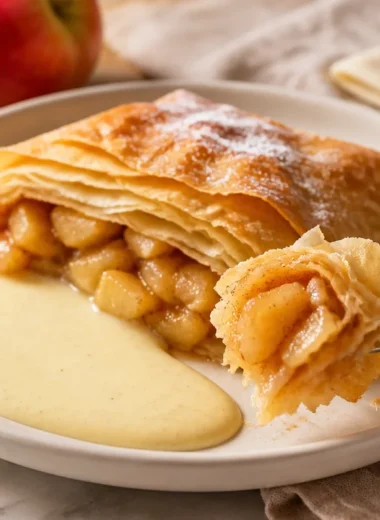Delicious Apfelstrudel served with creamy Vanillesauce on a plate.