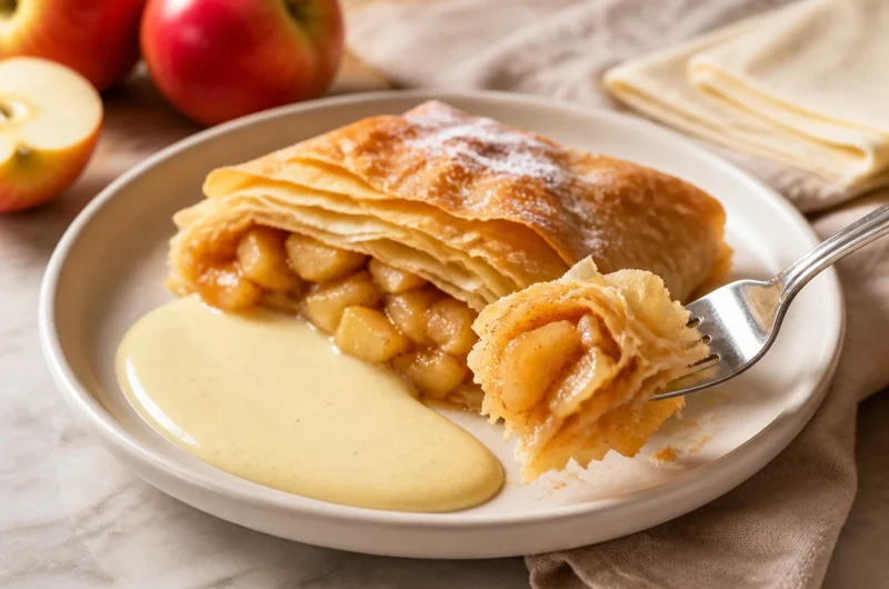 Delicious Apfelstrudel served with creamy Vanillesauce on a plate.