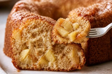 Sliced apple cider donut cake topped with cinnamon sugar and fresh apples