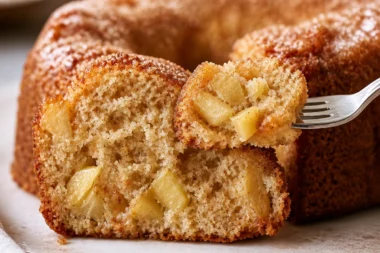 Sliced apple cider donut cake topped with cinnamon sugar and fresh apples