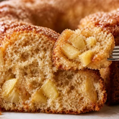 Sliced apple cider donut cake topped with cinnamon sugar and fresh apples