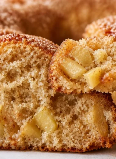 Sliced apple cider donut cake topped with cinnamon sugar and fresh apples