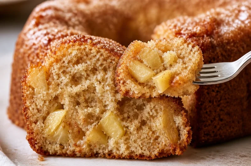 Sliced apple cider donut cake topped with cinnamon sugar and fresh apples