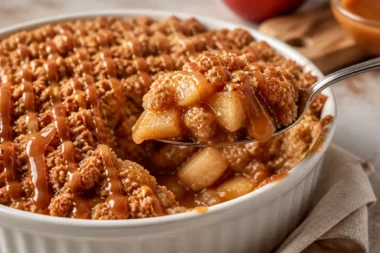 Delicious apple crisp topped with caramel drizzle and cinnamon.