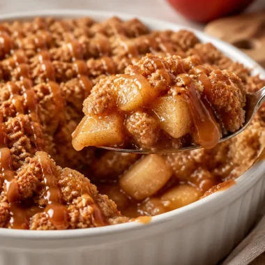 Delicious apple crisp topped with caramel drizzle and cinnamon.