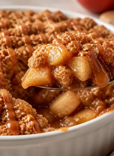 Delicious apple crisp topped with caramel drizzle and cinnamon.