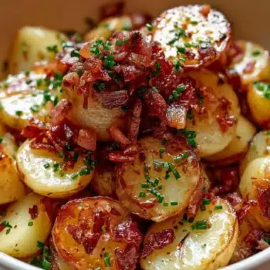 Authentic German Bratkartoffeln (Pan-Fried Potatoes) 37 Serving of authentic German Bratkartoffeln, golden pan-fried potatoes garnished with herbs.