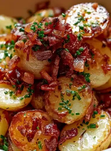 Serving of authentic German Bratkartoffeln, golden pan-fried potatoes garnished with herbs.