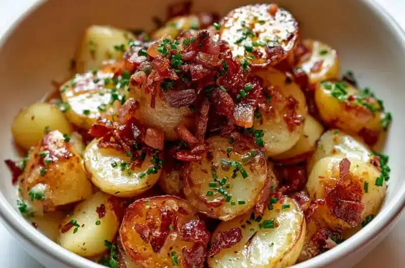 Serving of authentic German Bratkartoffeln, golden pan-fried potatoes garnished with herbs.