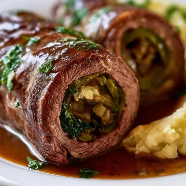 Delicious plate of authentic German Rouladen with gravy and sides