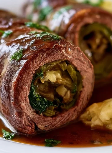 Delicious plate of authentic German Rouladen with gravy and sides