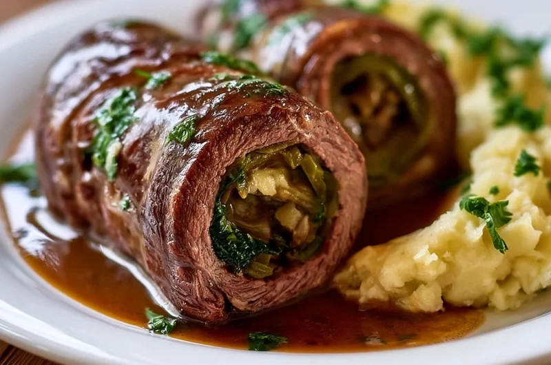 Delicious plate of authentic German Rouladen with gravy and sides