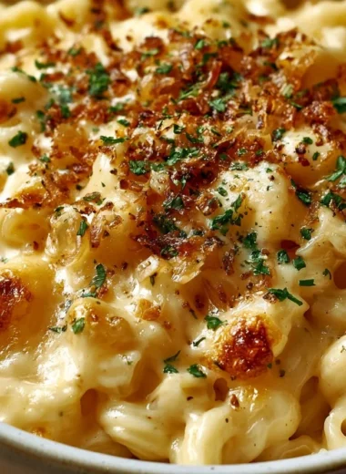 Delicious plate of authentic Käsespätzle, traditional German macaroni and cheese.