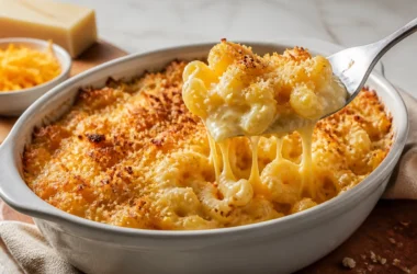 Creamy Baked Mac and Cheese topped with Three Cheeses