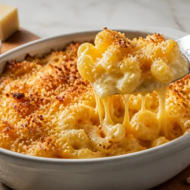 Creamy Baked Mac and Cheese topped with Three Cheeses