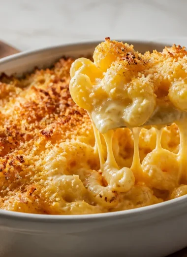 Creamy Baked Mac and Cheese topped with Three Cheeses