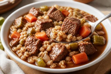 Delicious bowl of Beef Barley Stew, rich in flavor and nutrients.