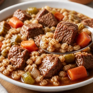 Delicious bowl of Beef Barley Stew, rich in flavor and nutrients.