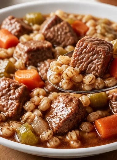 Delicious bowl of Beef Barley Stew, rich in flavor and nutrients.