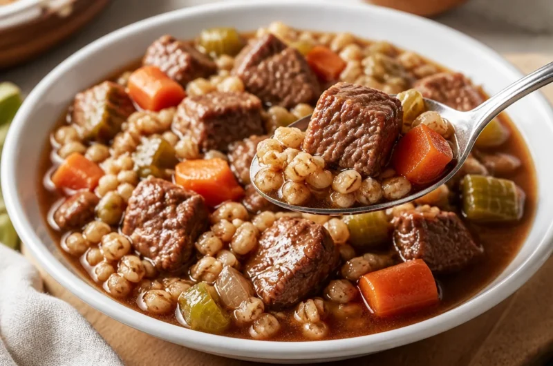 Delicious bowl of Beef Barley Stew, rich in flavor and nutrients.