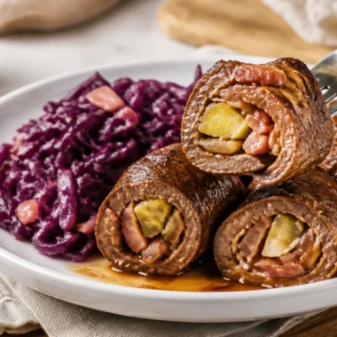 Plate of beef roll ups with red cabbage, garnished for a flavorful dish