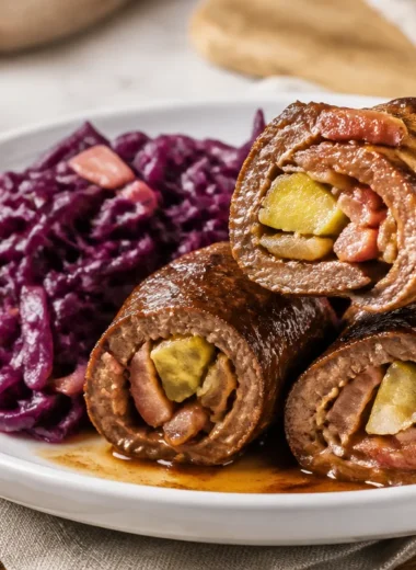 Plate of beef roll ups with red cabbage, garnished for a flavorful dish