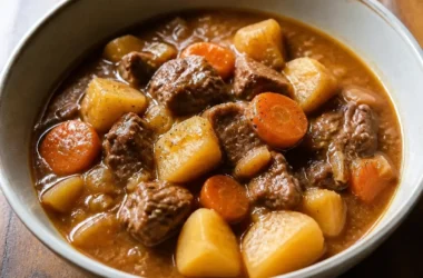 Delicious homemade beef stew with vegetables in a bowl