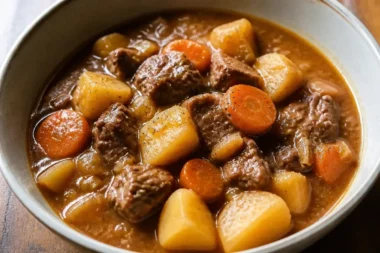 Delicious homemade beef stew with vegetables in a bowl