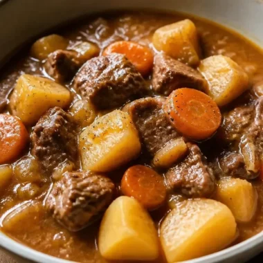 Delicious homemade beef stew with vegetables in a bowl