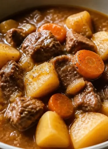Delicious homemade beef stew with vegetables in a bowl