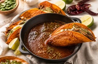 Delicious Birria Tacos served with dipping consomé and fresh toppings