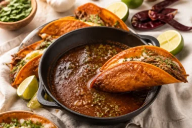 Delicious Birria Tacos served with dipping consomé and fresh toppings