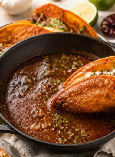 Delicious Birria Tacos served with dipping consomé and fresh toppings
