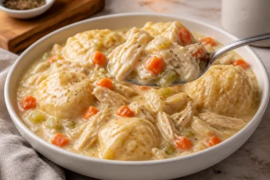 Bowl of homemade Chicken and Dumplings with tender chicken and fluffy dumplings