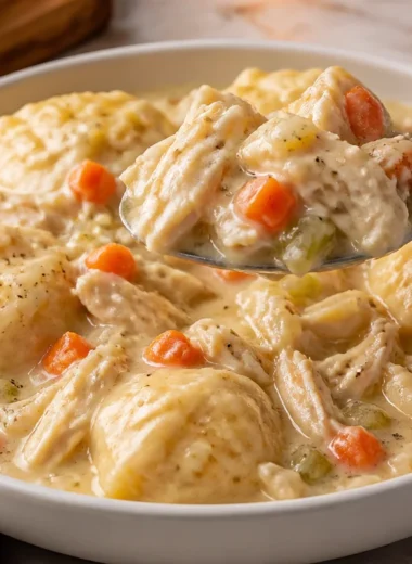 Bowl of homemade Chicken and Dumplings with tender chicken and fluffy dumplings