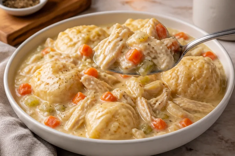 Bowl of homemade Chicken and Dumplings with tender chicken and fluffy dumplings