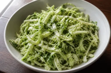 Fresh cilantro lime slaw in a bowl garnished with lime slices