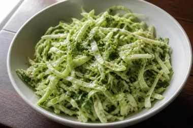 Fresh cilantro lime slaw in a bowl garnished with lime slices